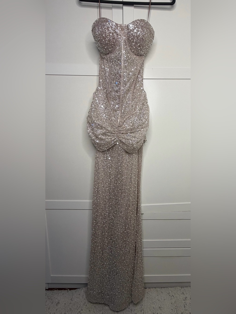 Fashion Nova Strapless Sequin Gown in Champagne Sparkle